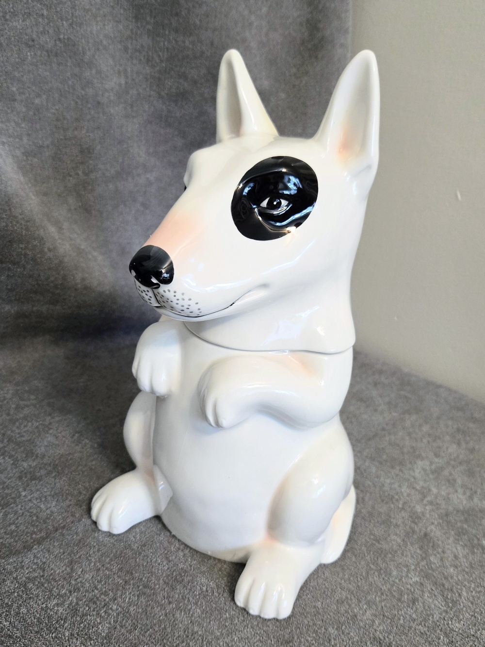 Little Dog Begger Cookie Treat Jar White Bull Terrier Black Eye Pet Lover